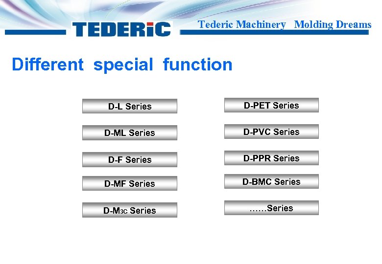 Tederic Machinery Molding Dreams Different special function D-L Series D-PET Series D-ML Series D-PVC