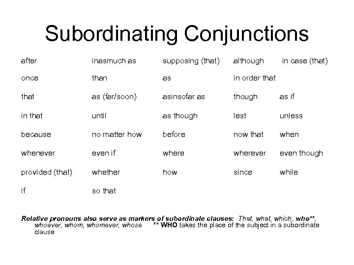 Subordinating Conjunctions after inasmuch as supposing (that) although in case (that) once that than