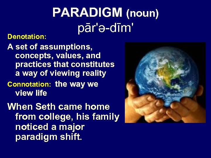 Denotation: PARADIGM (noun) pār'ə-dīm' A set of assumptions, concepts, values, and practices that constitutes