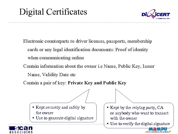Digital Certificates Electronic counterparts to driver licenses, passports, membership cards or any legal identification
