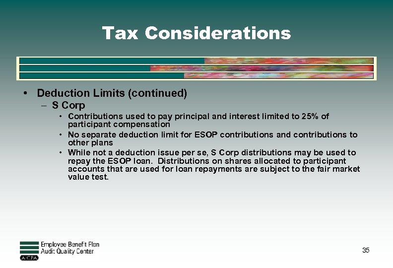 Tax Considerations • Deduction Limits (continued) – S Corp • Contributions used to pay