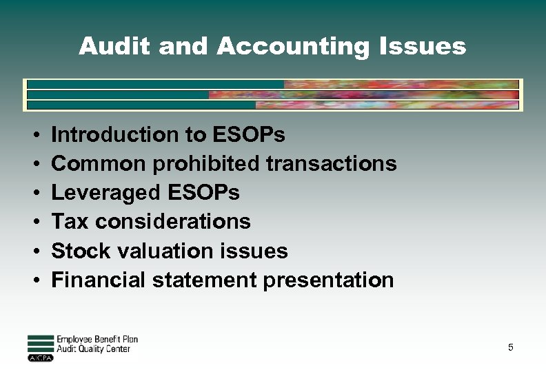 Audit and Accounting Issues • • • Introduction to ESOPs Common prohibited transactions Leveraged