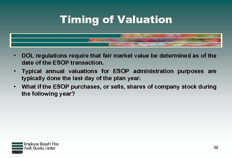 Timing of Valuation • DOL regulations require that fair market value be determined as