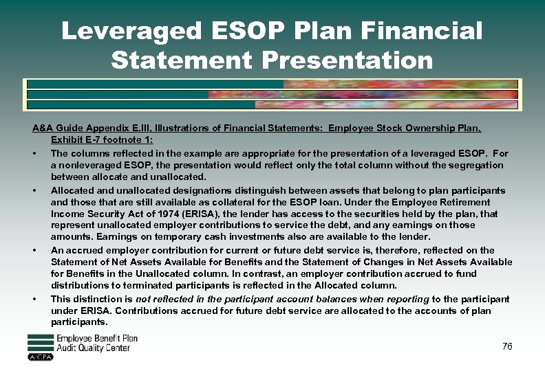 Leveraged ESOP Plan Financial Statement Presentation A&A Guide Appendix E. III, Illustrations of Financial