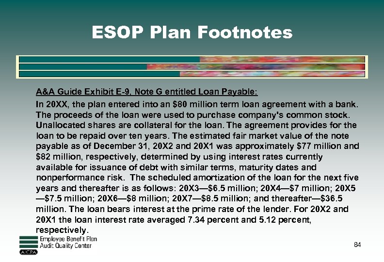 ESOP Plan Footnotes A&A Guide Exhibit E-9, Note G entitled Loan Payable: In 20
