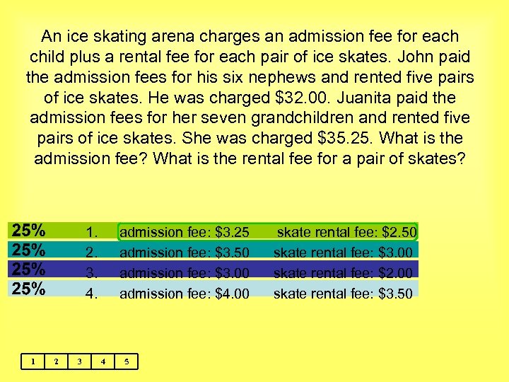An ice skating arena charges an admission fee for each child plus a rental