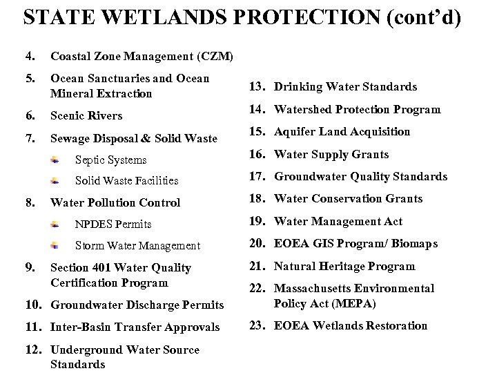 STATE WETLANDS PROTECTION (cont’d) 4. Coastal Zone Management (CZM) 5. Ocean Sanctuaries and Ocean