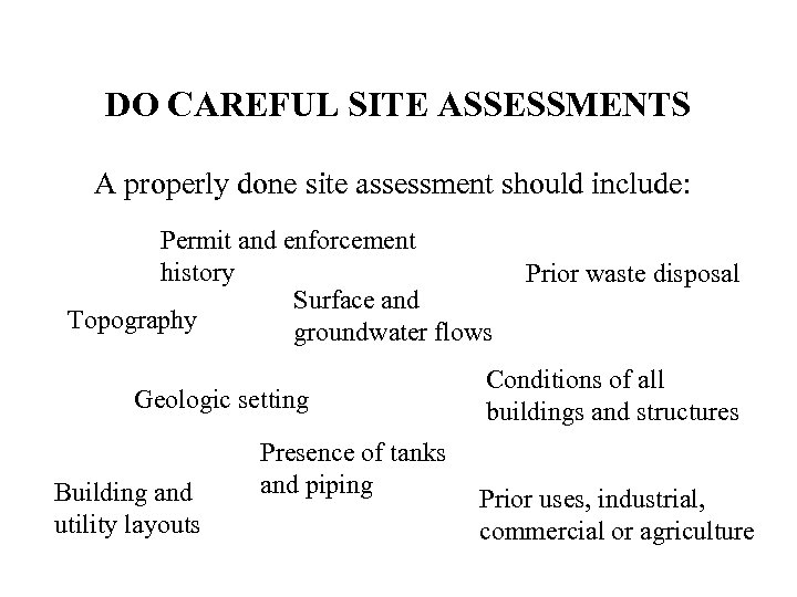 DO CAREFUL SITE ASSESSMENTS A properly done site assessment should include: Permit and enforcement