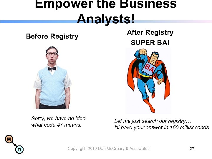 Empower the Business Analysts! Before Registry After Registry SUPER BA! BA Sorry, we have