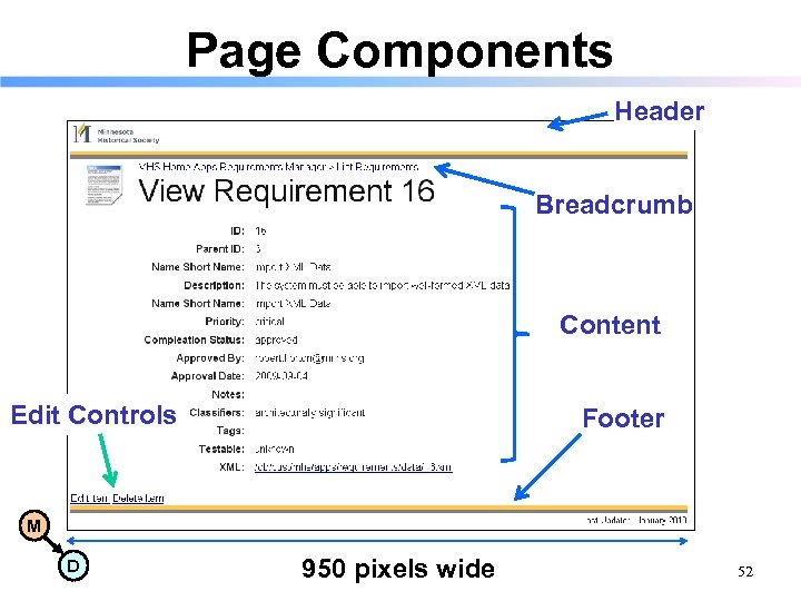 Page Components Header Breadcrumb Content Edit Controls Footer M D 950 pixels wide 52