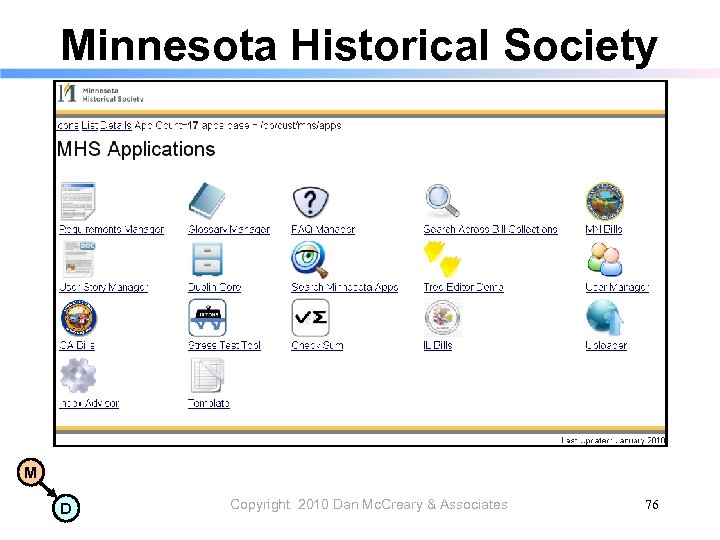 Minnesota Historical Society M D Copyright 2010 Dan Mc. Creary & Associates 76 
