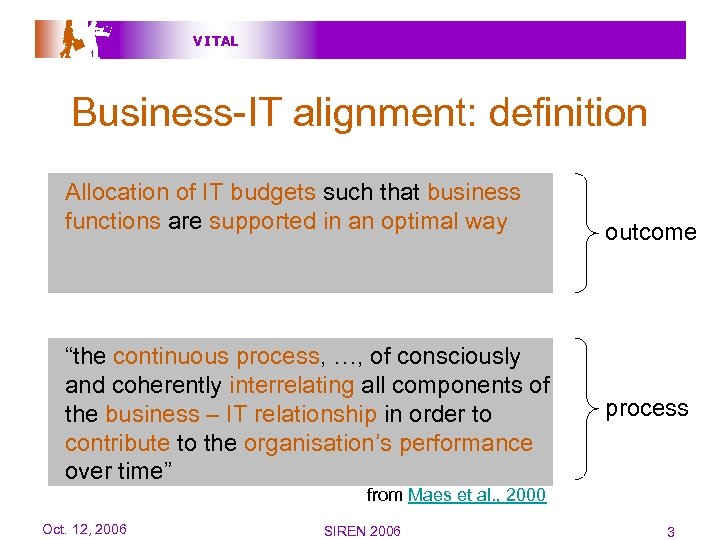 V I TAL Business-IT alignment: definition Allocation of IT budgets such that business functions