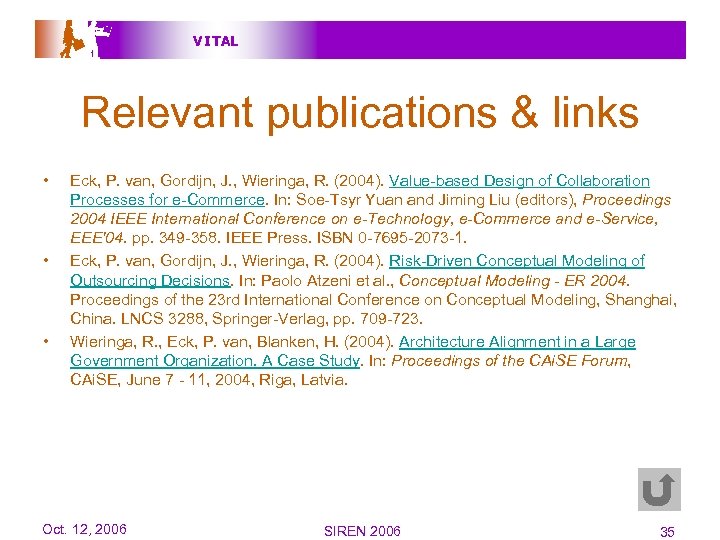 V I TAL Relevant publications & links • • • Eck, P. van, Gordijn,