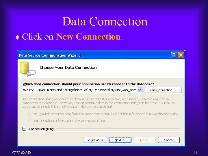 Data Connection ¨ Click on New Connection. CIS 162 AD 13 