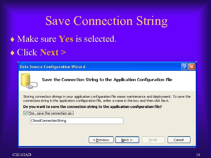 Save Connection String ¨ Make sure Yes is selected. ¨ Click Next > CIS