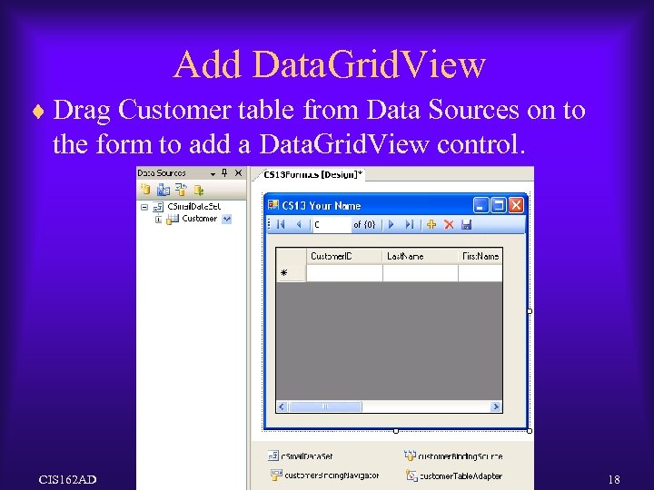 Add Data. Grid. View ¨ Drag Customer table from Data Sources on to the