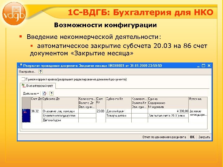 1 С-ВДГБ: Бухгалтерия для НКО Возможности конфигурации § Введение некоммерческой деятельности: § автоматическое закрытие