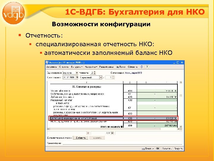 1 С-ВДГБ: Бухгалтерия для НКО Возможности конфигурации § Отчетность: § специализированная отчетность НКО: §
