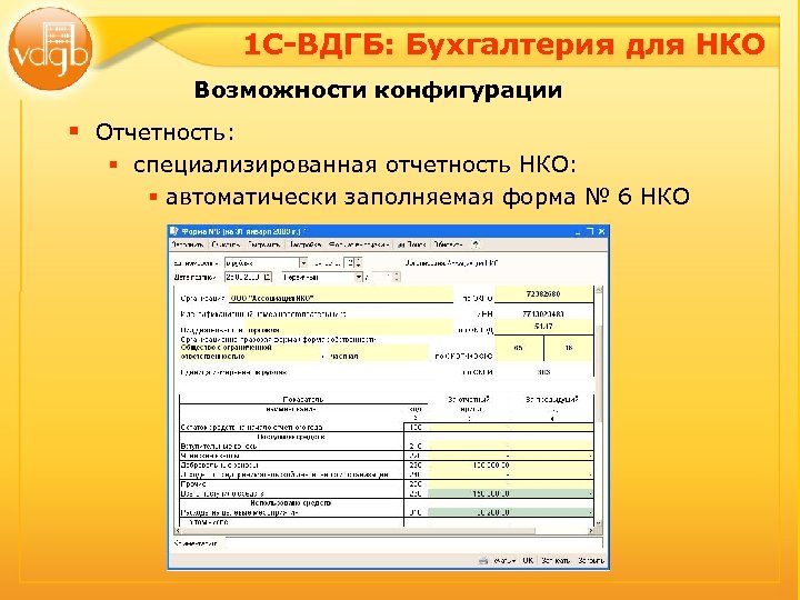 1 С-ВДГБ: Бухгалтерия для НКО Возможности конфигурации § Отчетность: § специализированная отчетность НКО: §