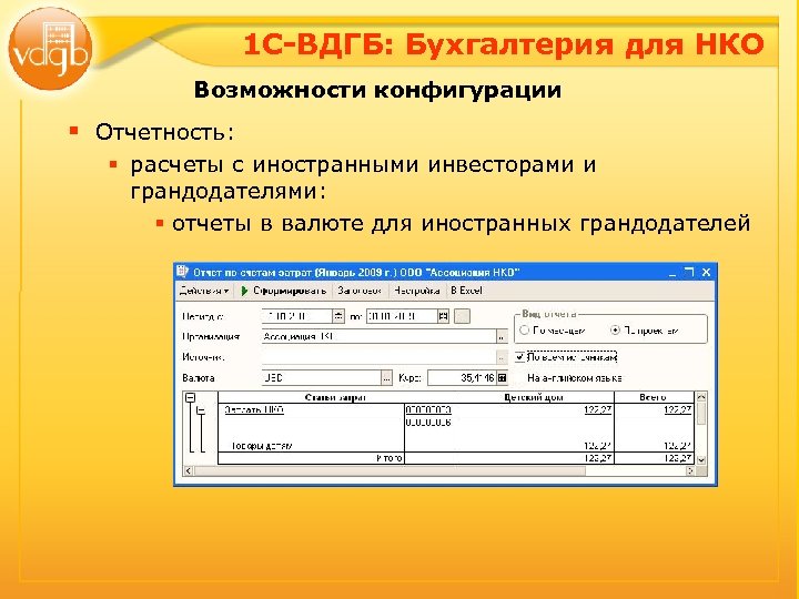 1 С-ВДГБ: Бухгалтерия для НКО Возможности конфигурации § Отчетность: § расчеты с иностранными инвесторами