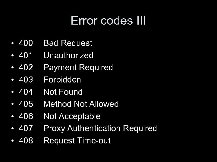 Error codes III • • • 400 401 402 403 404 405 406 407