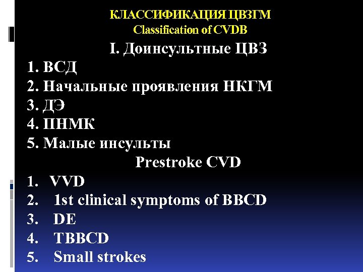 КЛАССИФИКАЦИЯ ЦВЗГМ Classification of CVDB I. Доинсультные ЦВЗ 1. ВСД 2. Начальные проявления НКГМ