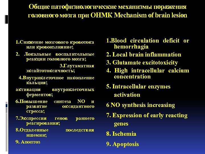 Общие патофизиологические механизмы поражения головного мозга при ОНМК Mechanism of brain lesion 1. Снижение
