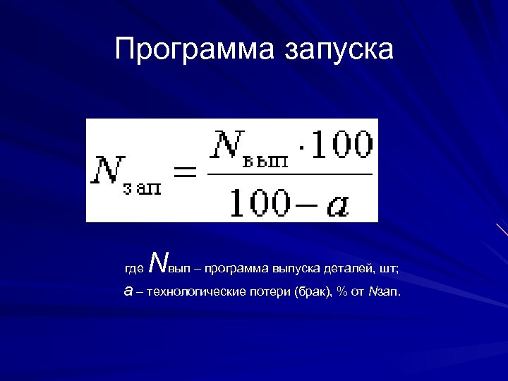Программа запуска где Nвып – программа выпуска деталей, шт; а – технологические потери (брак),