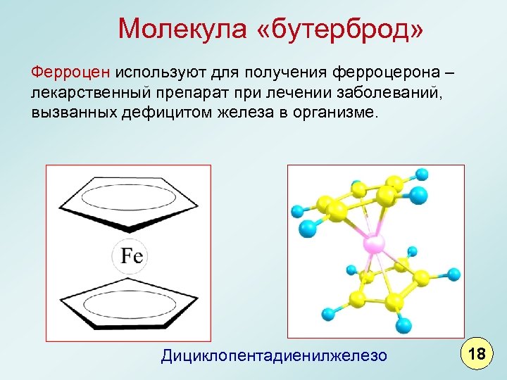 Молекула «бутерброд» Ферроцен используют для получения ферроцерона – лекарственный препарат при лечении заболеваний, вызванных