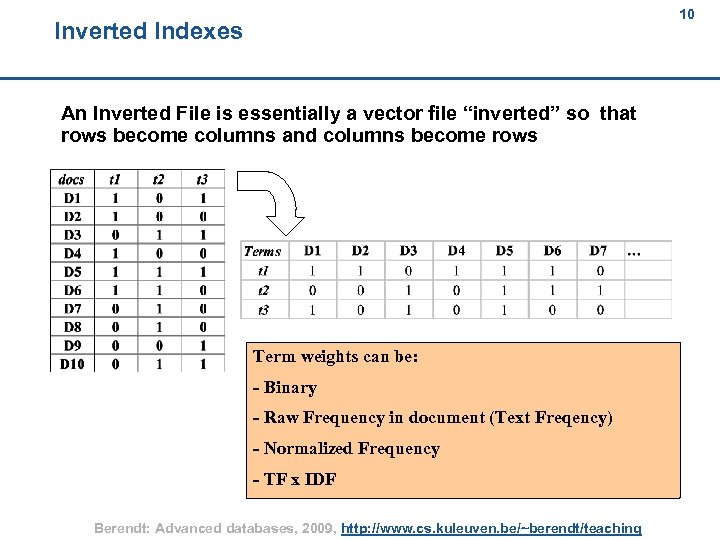 10 Inverted Indexes 10 An Inverted File is essentially a vector file “inverted” so
