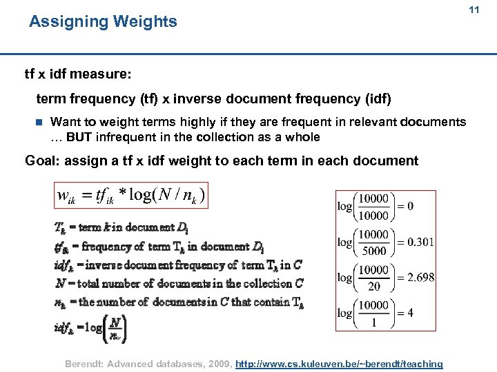 Assigning Weights 11 11 tf x idf measure: term frequency (tf) x inverse document
