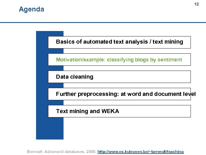 12 Agenda 12 Basics of automated text analysis / text mining Motivation/example: classifying blogs