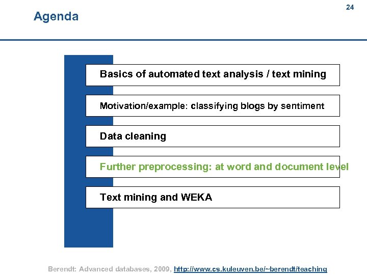 24 Agenda 24 Basics of automated text analysis / text mining Motivation/example: classifying blogs