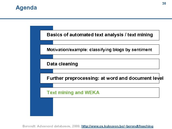 30 Agenda 30 Basics of automated text analysis / text mining Motivation/example: classifying blogs