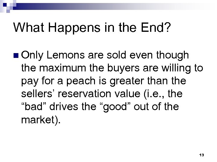 What Happens in the End? n Only Lemons are sold even though the maximum