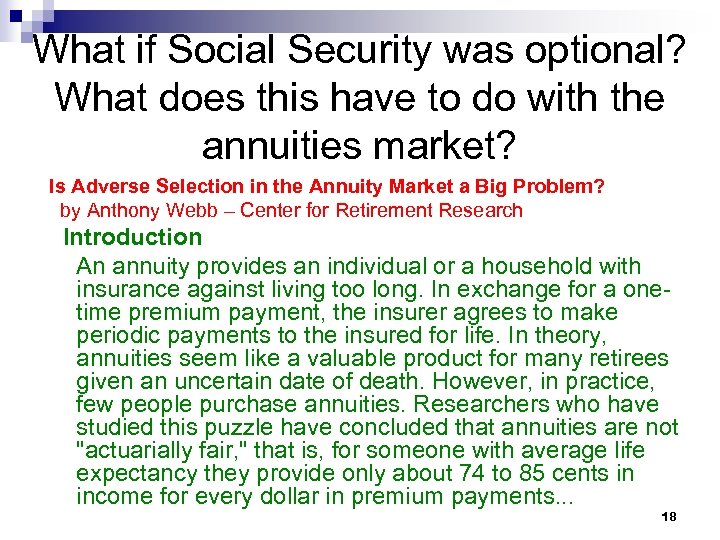 What if Social Security was optional? What does this have to do with the