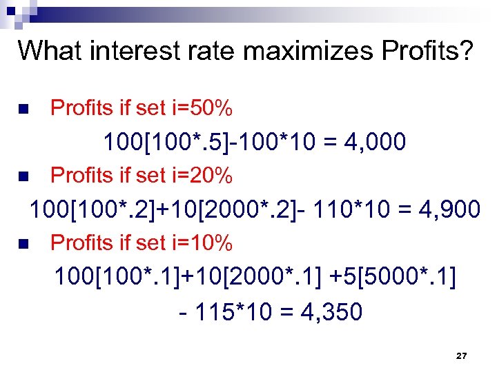 What interest rate maximizes Profits? n Profits if set i=50% 100[100*. 5]-100*10 = 4,