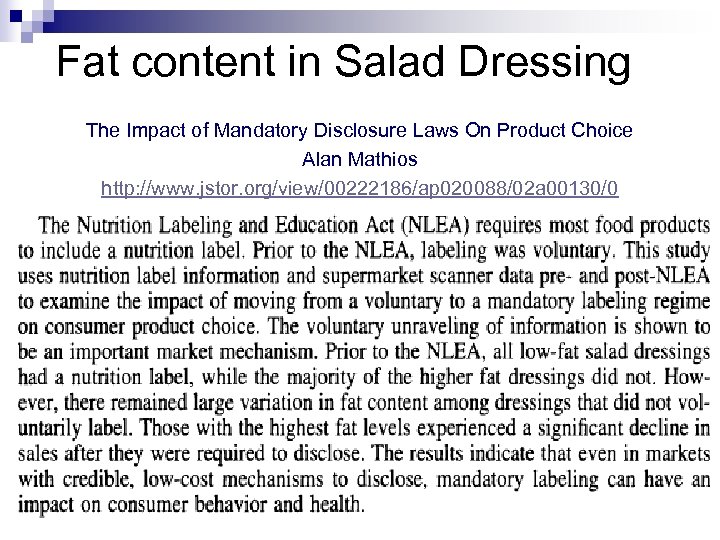 Fat content in Salad Dressing The Impact of Mandatory Disclosure Laws On Product Choice