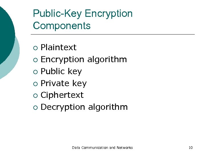 Public-Key Encryption Components Plaintext ¡ Encryption algorithm ¡ Public key ¡ Private key ¡