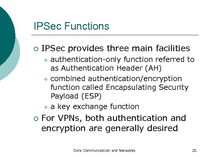 IPSec Functions ¡ IPSec provides three main facilities l l l ¡ authentication-only function