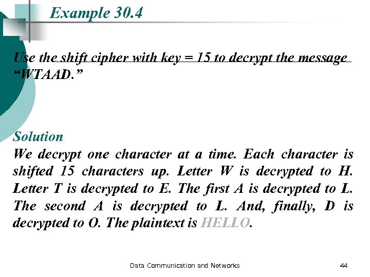 Example 30. 4 Use the shift cipher with key = 15 to decrypt the