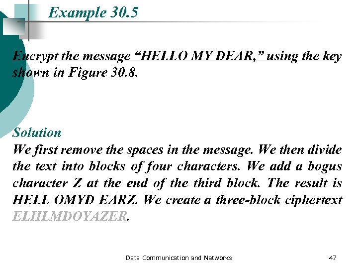 Example 30. 5 Encrypt the message “HELLO MY DEAR, ” using the key shown