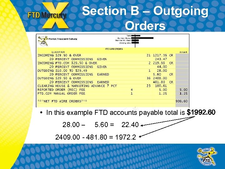 Section B – Outgoing Orders • In this example FTD accounts payable total is