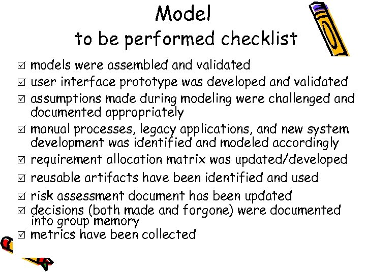 Model to be performed checklist R R R R R models were assembled and