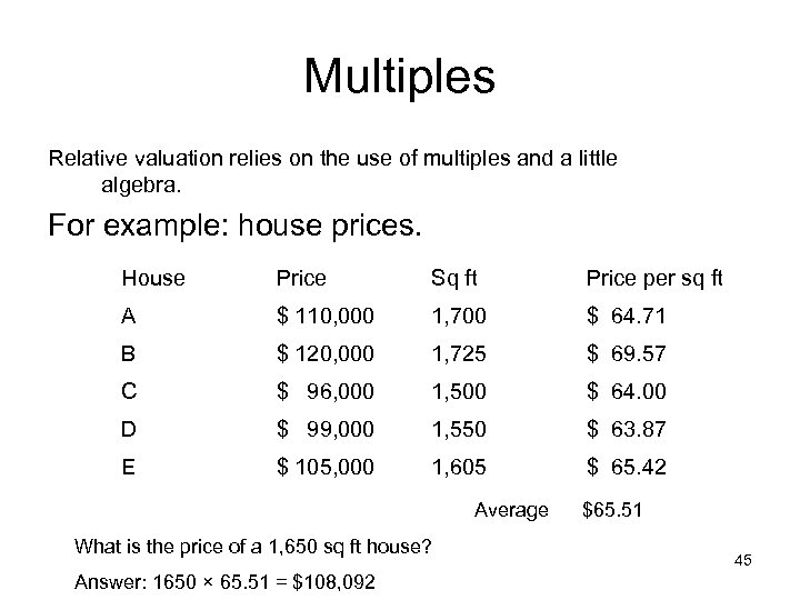 Multiples Relative valuation relies on the use of multiples and a little algebra. For