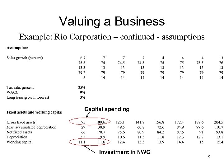 Valuing a Business Example: Rio Corporation – continued - assumptions Capital spending Investment in