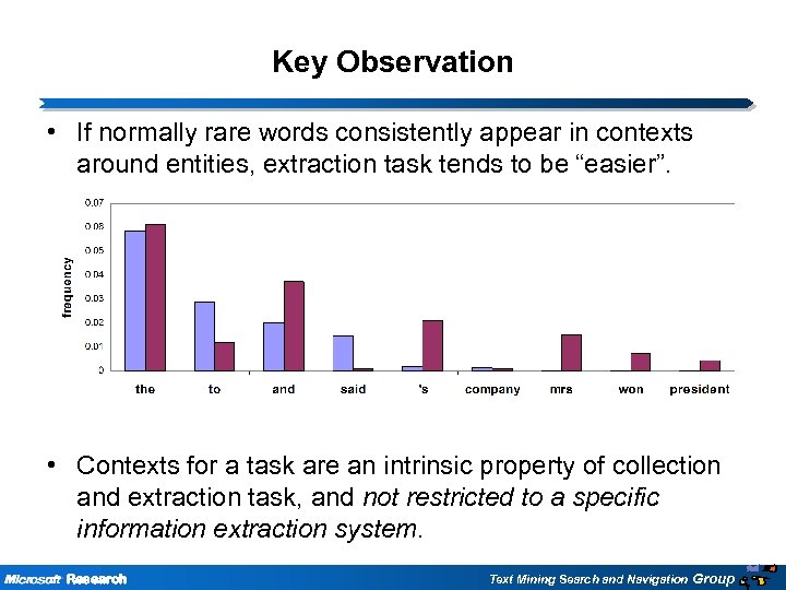 Key Observation • If normally rare words consistently appear in contexts around entities, extraction