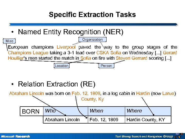 Specific Extraction Tasks • Named Entity Recognition (NER) Misc Organization European champions Liverpool paved