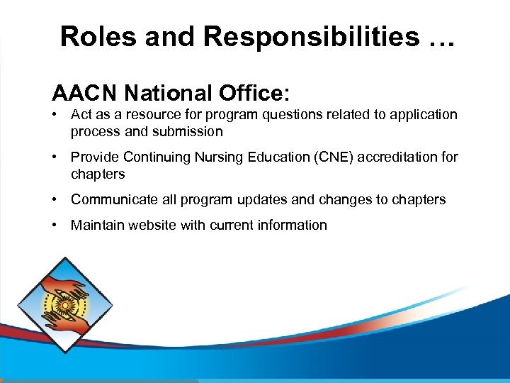 Roles and Responsibilities … AACN National Office: • Act as a resource for program