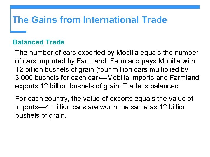 The Gains from International Trade Balanced Trade The number of cars exported by Mobilia